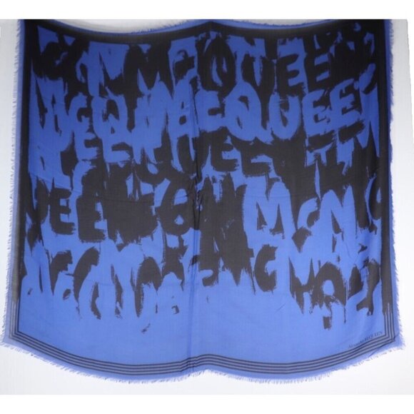 Alexander McQueen Unisex 120x140 Blue Black All-Over Logo-Print Modal Knit Scarf - Picture 2 of 6